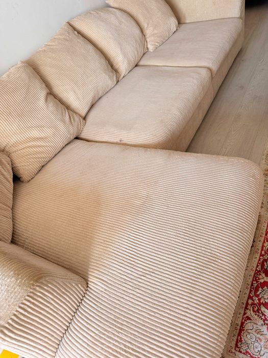 Canapea Colțar Mobexpert, Tesatura Corduroy Beige, Umplutură Puf Gâscă