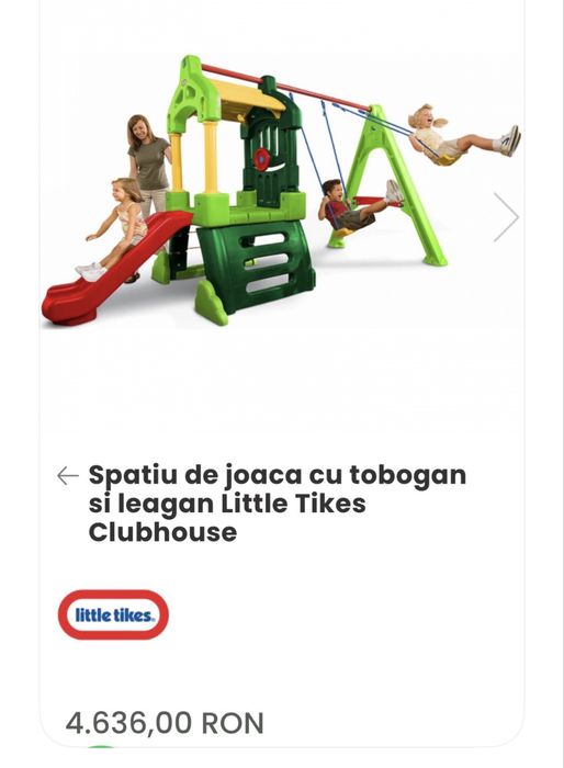 Spatiu de joacă, cu leagane si tobogan Little Tikes.