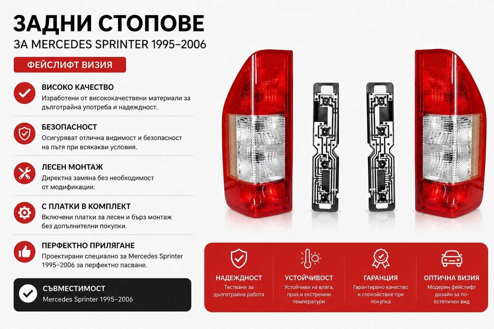 Стоп, стопове с платка за Mercedes-Benz Sprinter (1995-2005) кристални с фейслифт визия