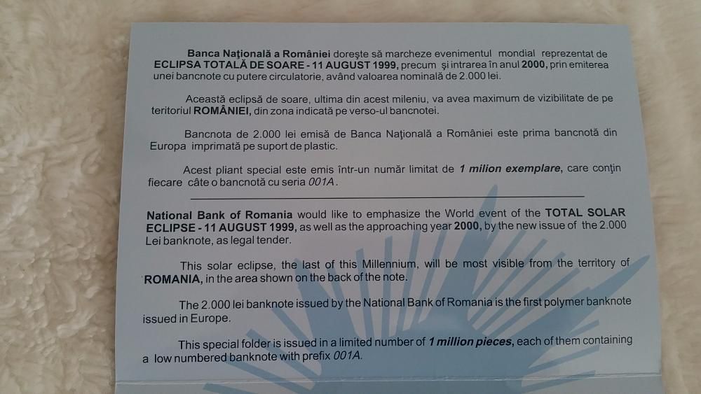 Bancnota 2000 lei aniversara eclipsa 1999