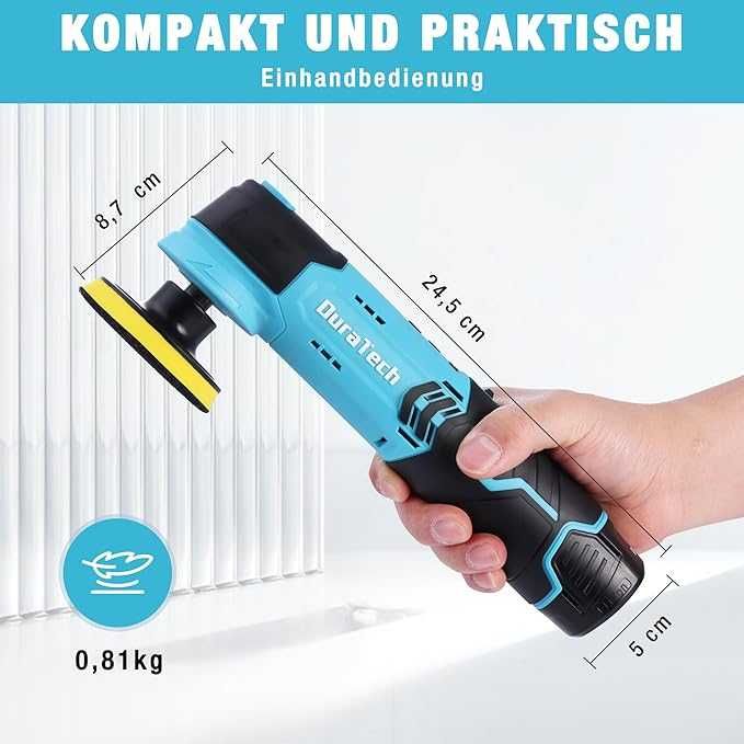 [REDUCERE -40%]Mini mașină de polișat cu acumulator 12V DURATECH, kit 50&80mm, garanție