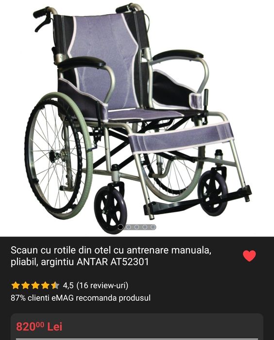 Scaun cu rotile din oțel cu antrenare manuală