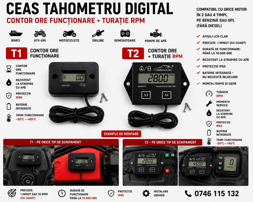 Turometru/Tahometru Pt Motor pe Benzina la Motocicleta ATV AUTO–T1–T2