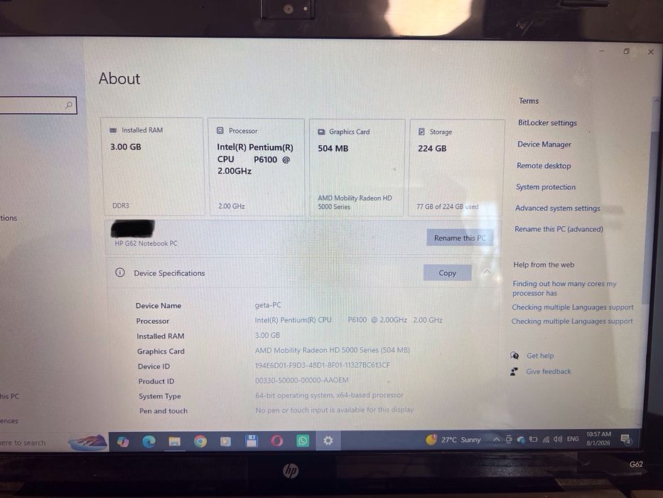 Laptop HP G62, SSD 240 GB, Windows 10, încărcător original
