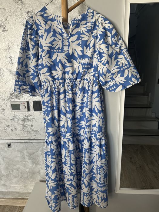 Rochie Boho Marks&Spencer, model maxi, model floral, alb cu albastru, marimea M