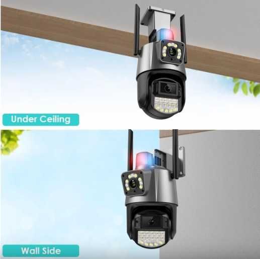 2бр. Двойна външна въртяща WiFi AI камера 8MP с 2 обектива,ICSee,Черна