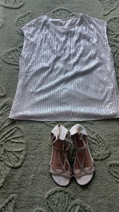 бяла блуца с пайети размер XL + дамски сандали с камъни  номер 39