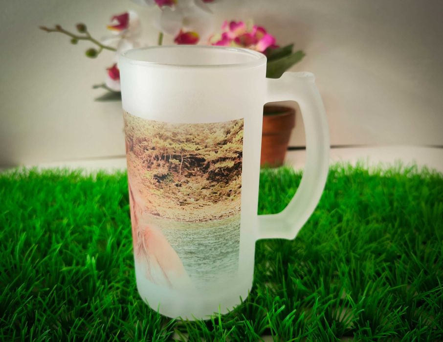 Стъклена матова халба за бира с ВАША СНИМКА