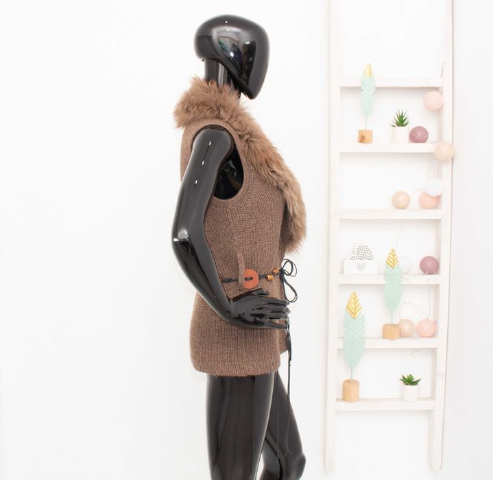 ALPACA SOCIETY дамска елек кафяв от алпака яка от естествен косъм XS/S