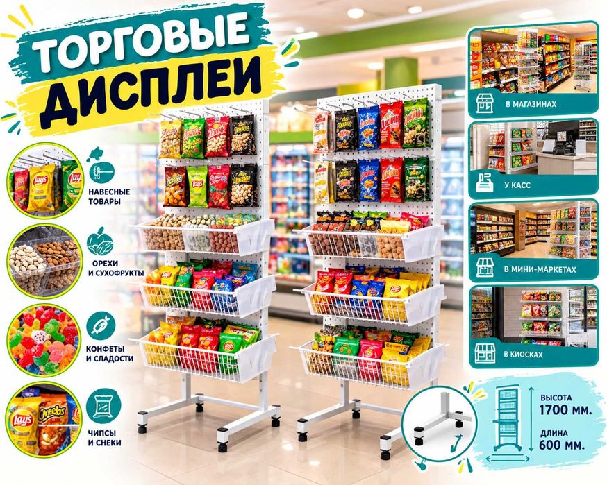 Стеллаж Дисплей торговый напольный дисплей перфорированный с корзинами