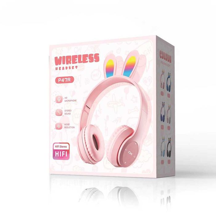 Новые ОПТОМ и в розницу блутуз наушники с ушками розавый с подсветкой