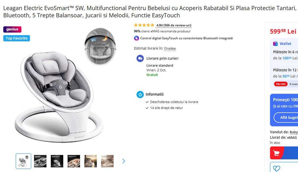 Leagan Electric EvoSmart™ SW, Multifunctional Pentru Bebelusi cu Acoperis Rabatabil Si Plasa Protectie Tantari