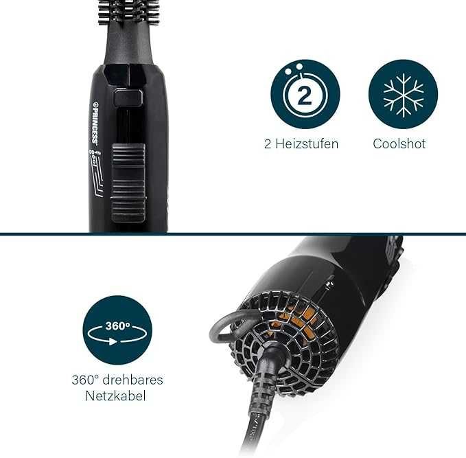 Четка за стилизиране Princess 529202, 2 аксесоара, черна, 2200W