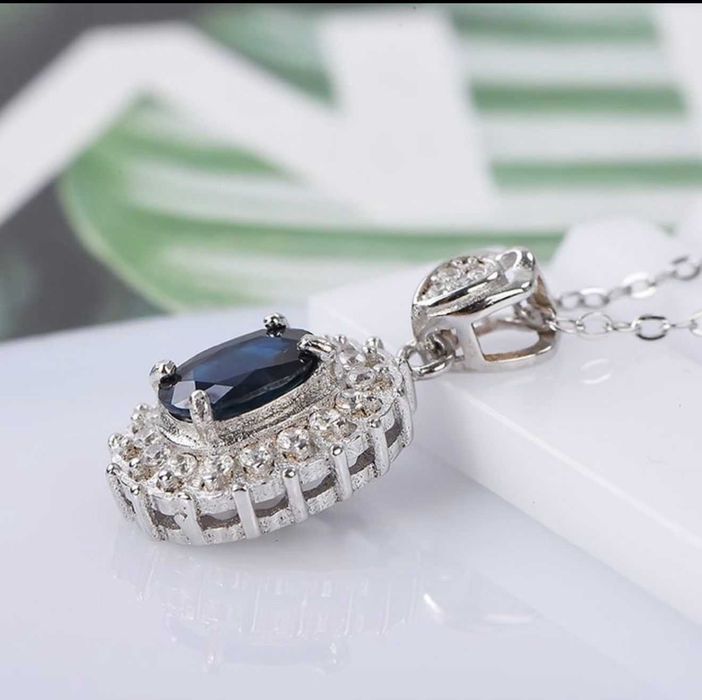 Set: Inel argint 925 placat cu platina, Safir + Colier argint 925 placat cu platina, Pandantiv Safir