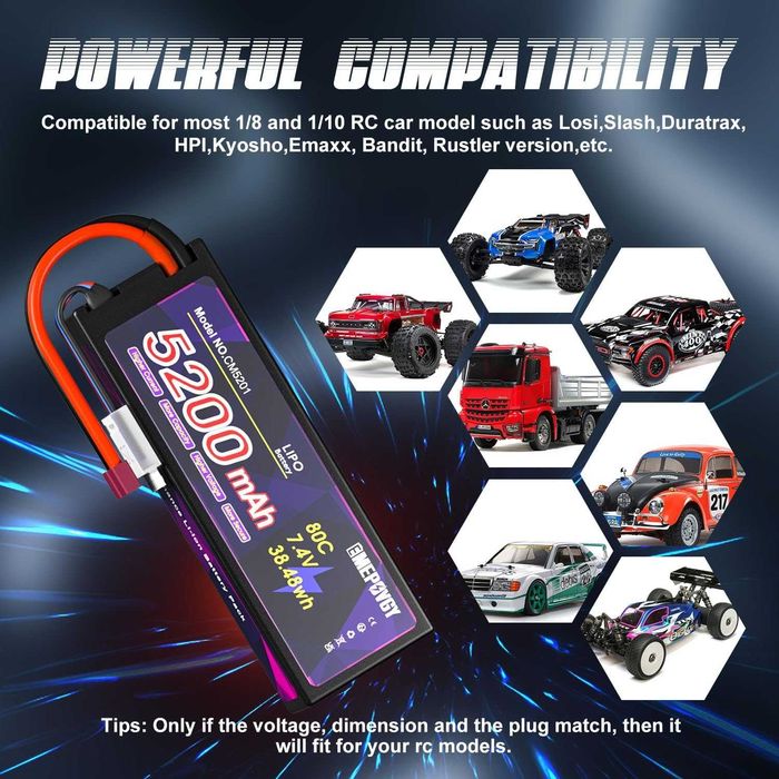 Baterii Lipo 7.4V 2S 5200mAh 80C Lipos, conector T  vehicule RC 1/8 1/10,pachet 2buc,sigilat