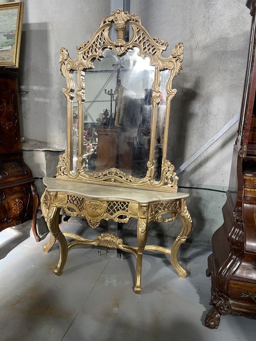 Consola din lemn masiv cu oglinda și blat de marmura