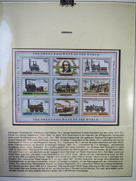 Album filatelic complet „Cele mai impresionante căi ferate ale lumii” – 10 pagini, locomotive și timbre