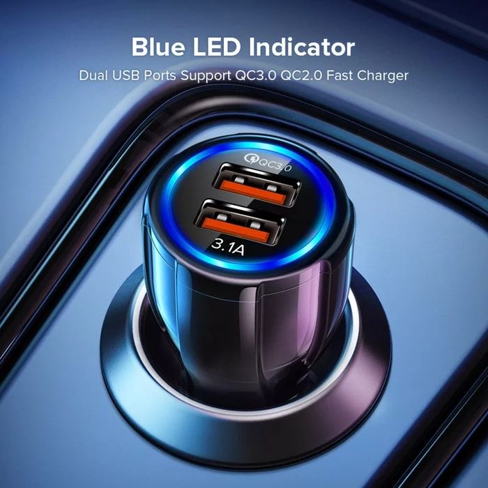 Încărcător Auto Premium 2xUSB Încărcare Rapidă Fast Charge cu LED Blue