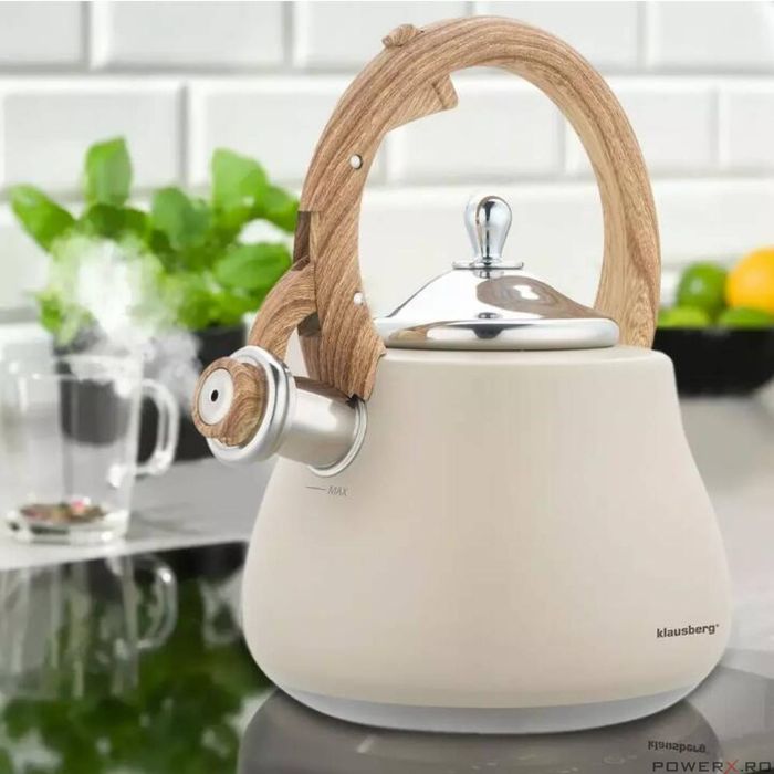 Ceainic, fierbator cu fluier, otel inoxidabil, bej cu elemente