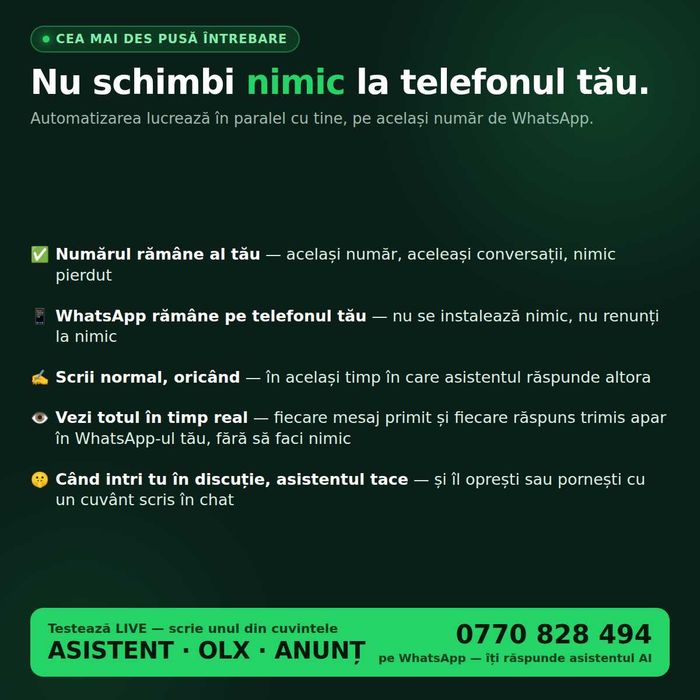 Asistent AI WhatsApp automatizari pentru afacerea ta răspunde și programează automat clienții. Testează LIVE pe numărul meu scrie asistent, OLX, anunț