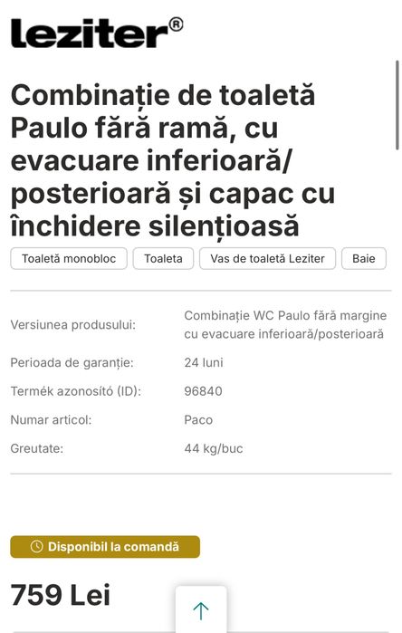 WC monobloc Leziter Paulo Rimless Nou, sigilat, cu garanție și factură