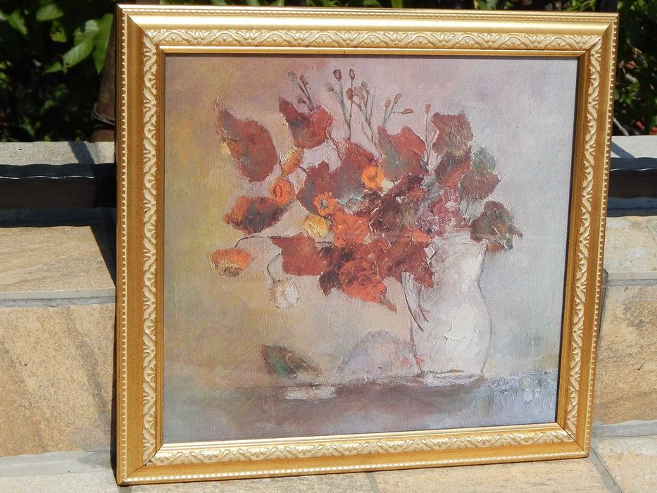 Tablou pictura pastel vaza cu flori 34 X 32.5 cm Viorel Lazarescu