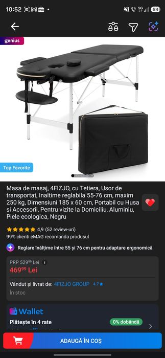 Masa de masaj si reabilitare 4FIZJO aluminiu 60 cm - negru
