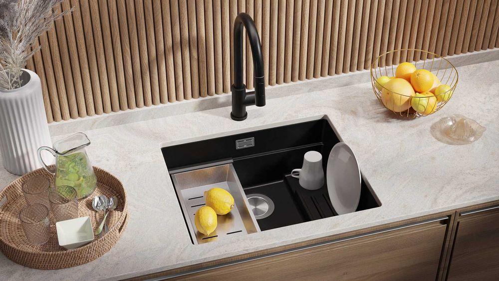 Черна гранитна мивка за вграждане под плот Прага 60 Level 560 x 470 мм