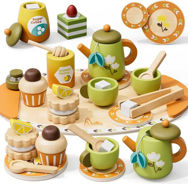 Дървен сервиз за чай, комплект за игра на чай за деца 3+ години