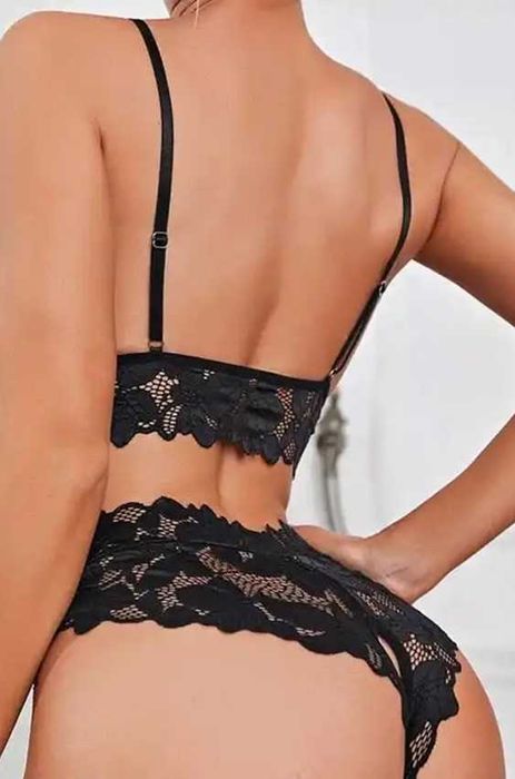 Set de lenjeria sexy erotica, material din dantela, 2 piese, M,  Negru