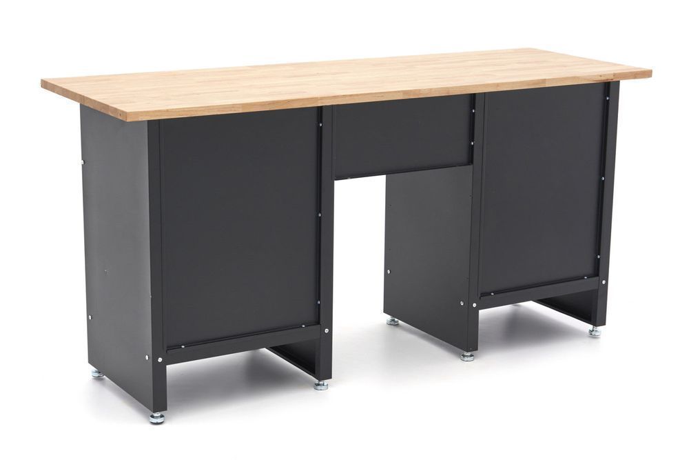 Banc de lucru negru cu 6 sertare, 1 usa si blat din lemn masiv - 171 c