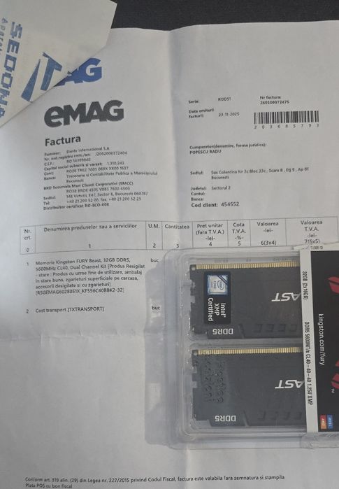 Ram Kingston Fury Beast 32GB DDR5  5600Mhz Cl40 Dial Channel XMP