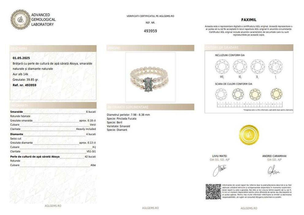 Brățară cu două rânduri de perle Akoya, cu închizătoare din aur