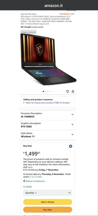 Laptop Gaming MSI Katana HX B14WFK 15.6 I9 RTX 5060 16GB 1TB Nou