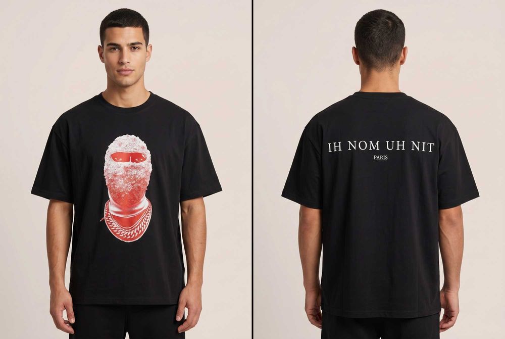 IH NOM UH NIT мъжка тениска „Mask" — черна, овърсайз, red mask принт
