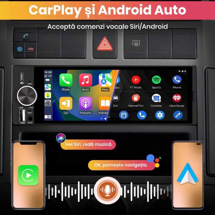 Navigatie GPS 1DIN Wireless CarPlay & Android Auto | Cameră Marșarier Inclusă