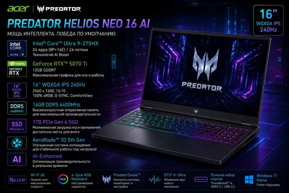 Acer Predator Helios 16 AI /Ultra 9 /16GB /1TB /RTX5070Ti 12GB /240Hz