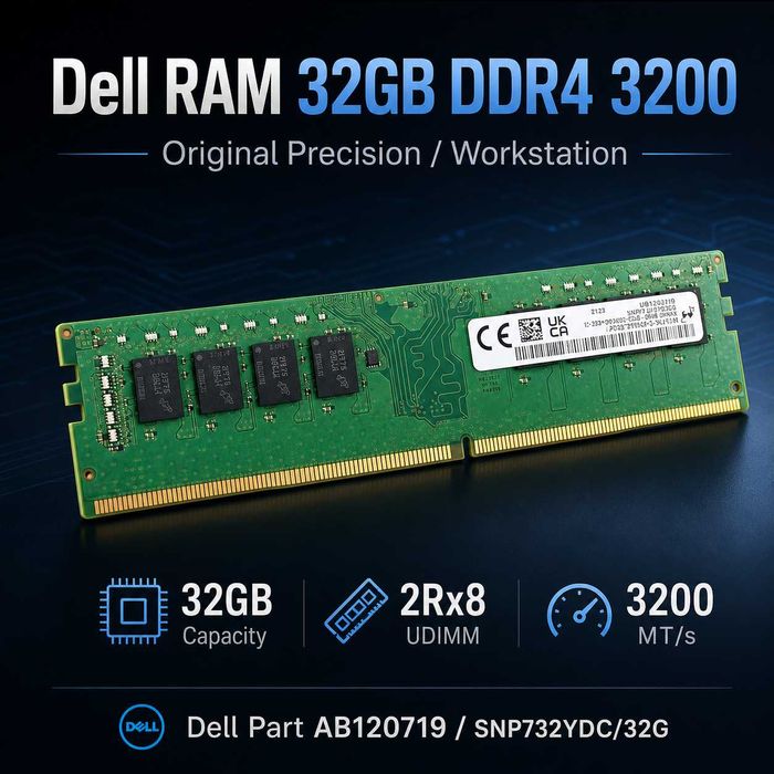 Dell Memory Upgrade RAM 32GB DDR4 3200 UDIMM - Original Precision / Workstation, foarte rară
