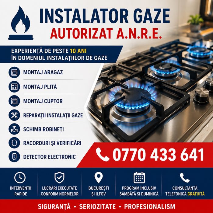 INSTALATOR GAZE AUTORIZAT A.N.R.E. – BUCUREȘTI ȘI ILFOV  Experiență de peste 10 ani în domeniul instalațiilor de gaze naturale.Execut :