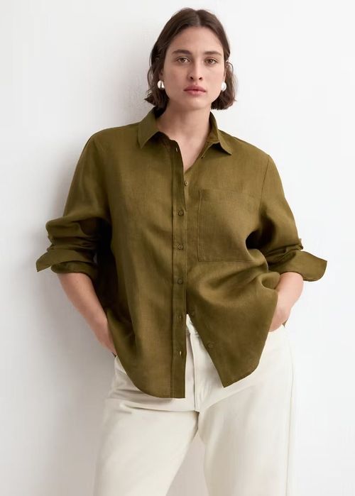 MANGO. 100% лён. Стильная рубашка оливкового цвета. XXL