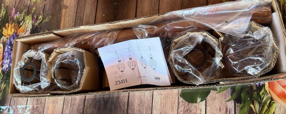 ZMH Lampă suspendată pentru masa de dining, cu 4 becuri – din lemn