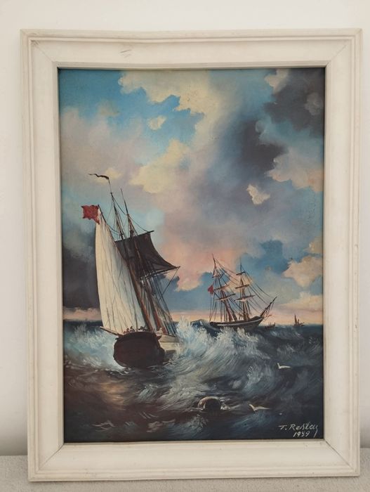 Tablou Superb "Scena Marina" Pictat Și Semnat Pe Panza