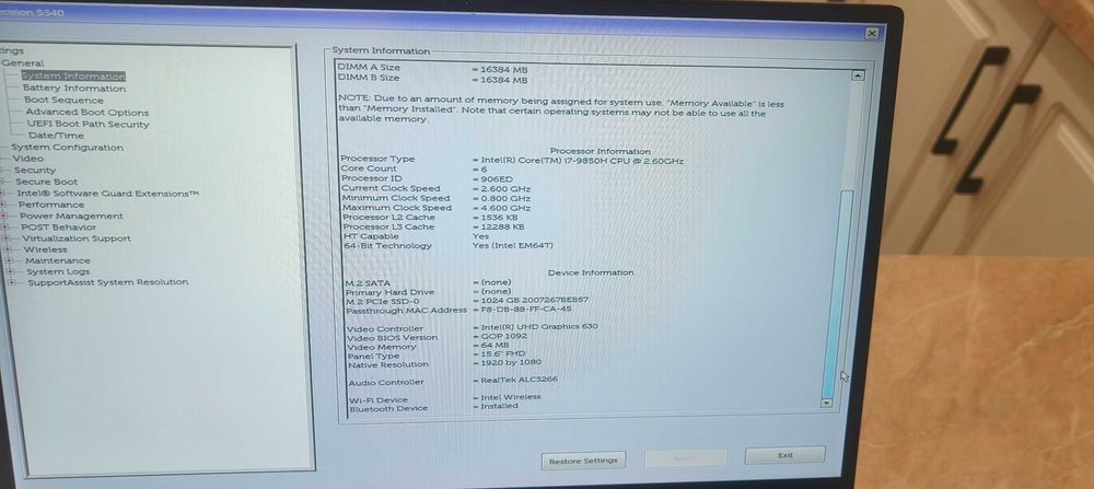 Dell Precision 5540 - 32GB RAM - 1TB SSD - I7 9850H