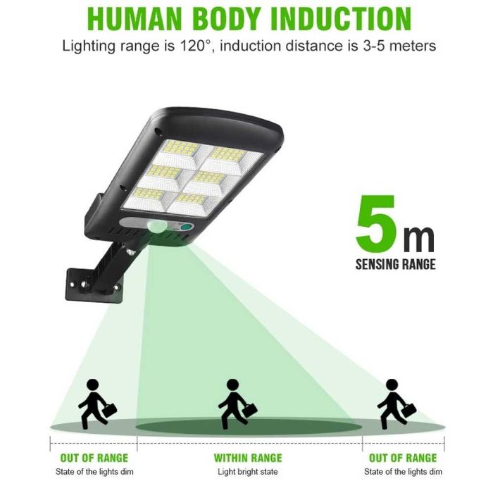 Соларна LED лампа 20W с 48 LED диода, PIR сензор за движение, IP65, Соларно захранване