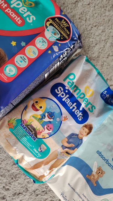 Scutece Pampers nights pants 5 22 buc, nou, pampers splashers 5-6 si cearsafuri absorbante