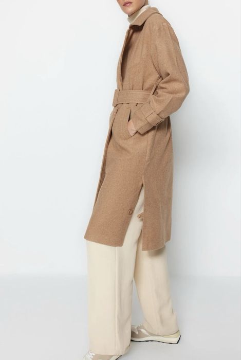 Дълго вълнено палто с щампи от норка с широка кройка и колан Trendyol