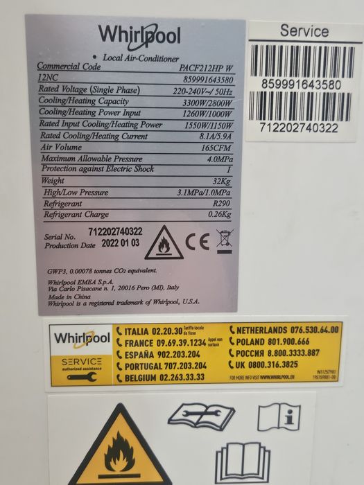 Мобилна система Whirlpool PACF212HP W - мобилен климатик , 12000 охл/о