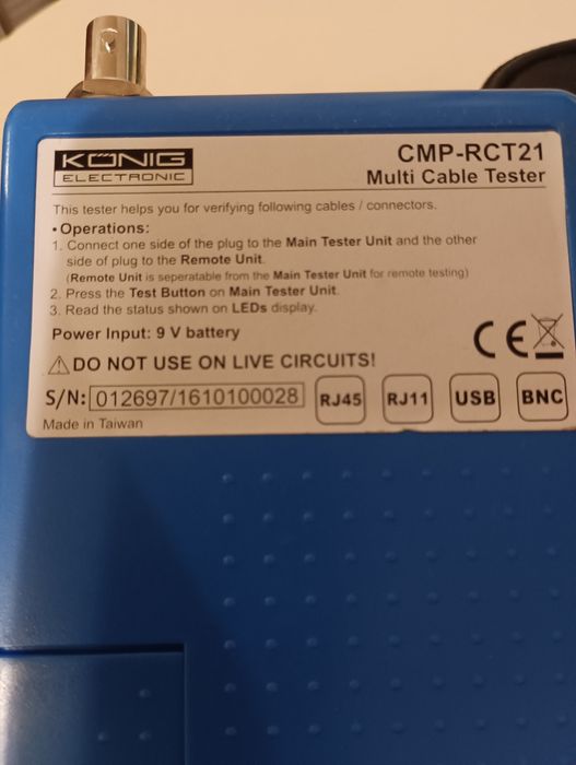 Тестер за мрежови кабели за RJ45, BNC, RJ11, USB, с LED и зумер, захра