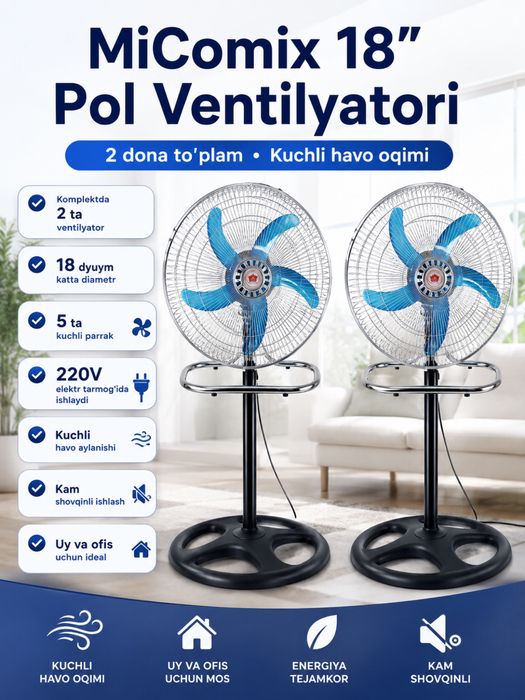 Pol ventilyatori, karobkasida 2 dona, 5 parrakli, kuchli havo oqimi