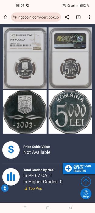 Moneda 5000 Lei 2003 Ngc top pop